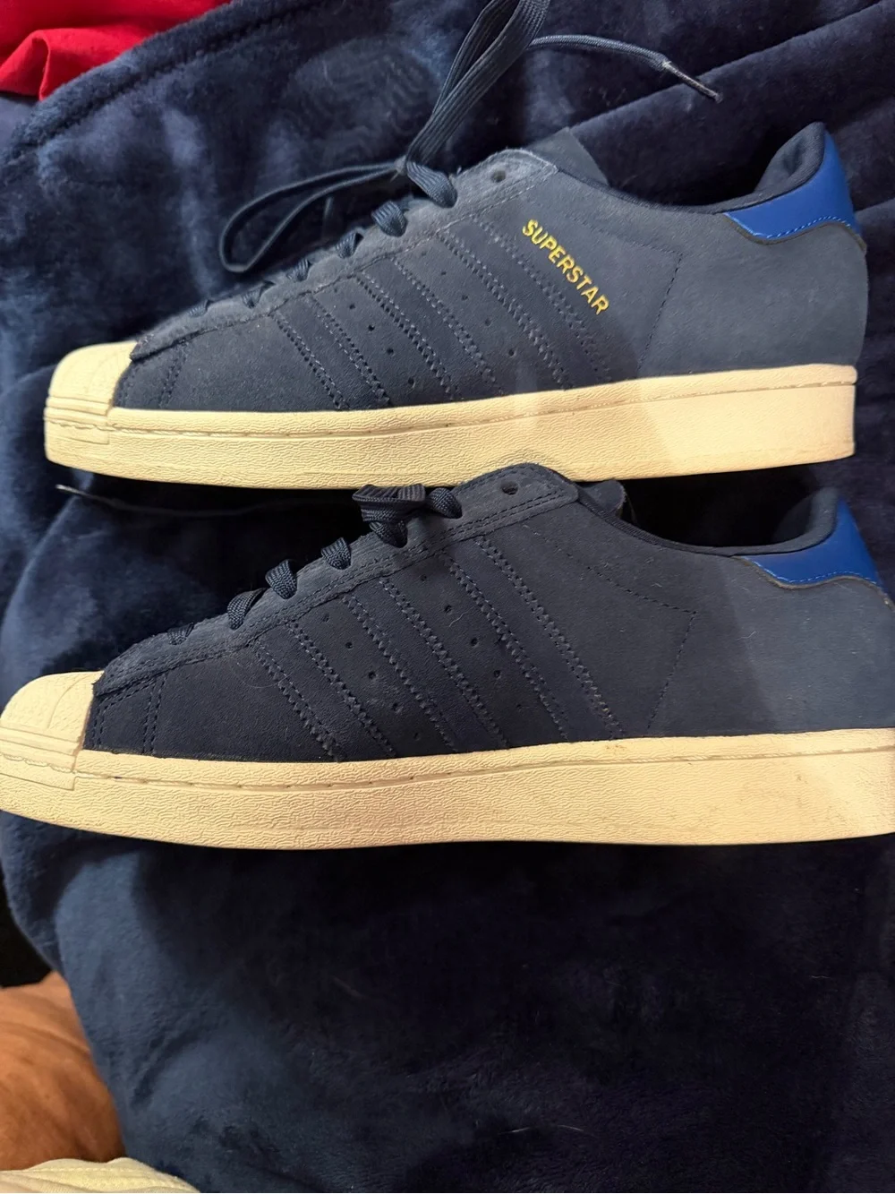 adidas Superstar Navy Blue and White Shell Toe Sneakers with Gold Logo (M7/W8)